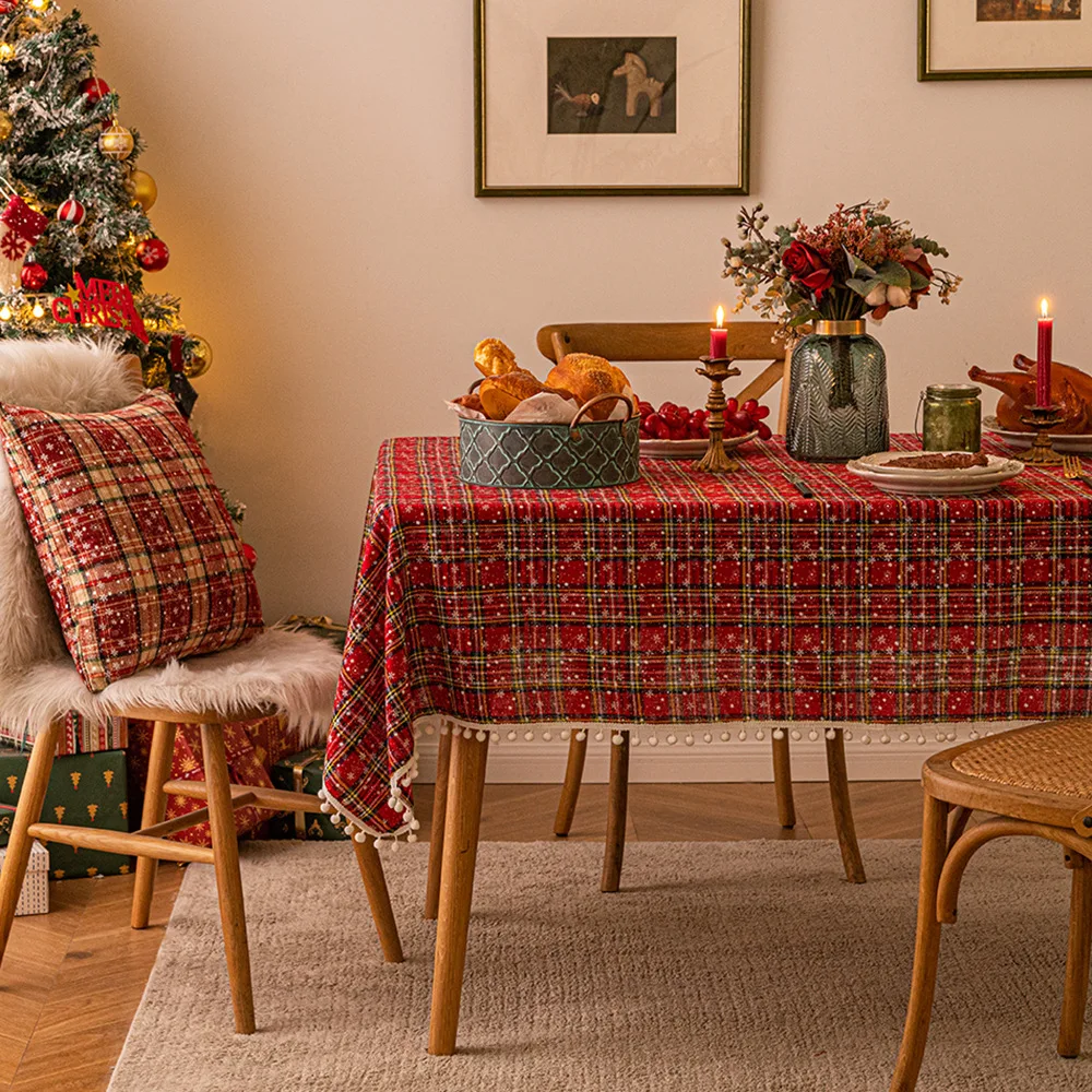 Red Christmas Plaid Snowflake Tablecloth New Year's Eve Table Decorations Cloth Ambience Background Cloth Christmas Gifts