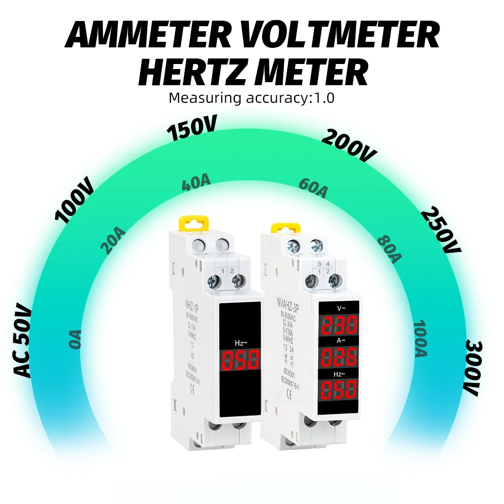 18mm Din Rail Voltage Current HZ Meter AC 80-500V 220V 380V 100A Modular Ammeter Voltmeter LED Indicator Digital Volt Tester