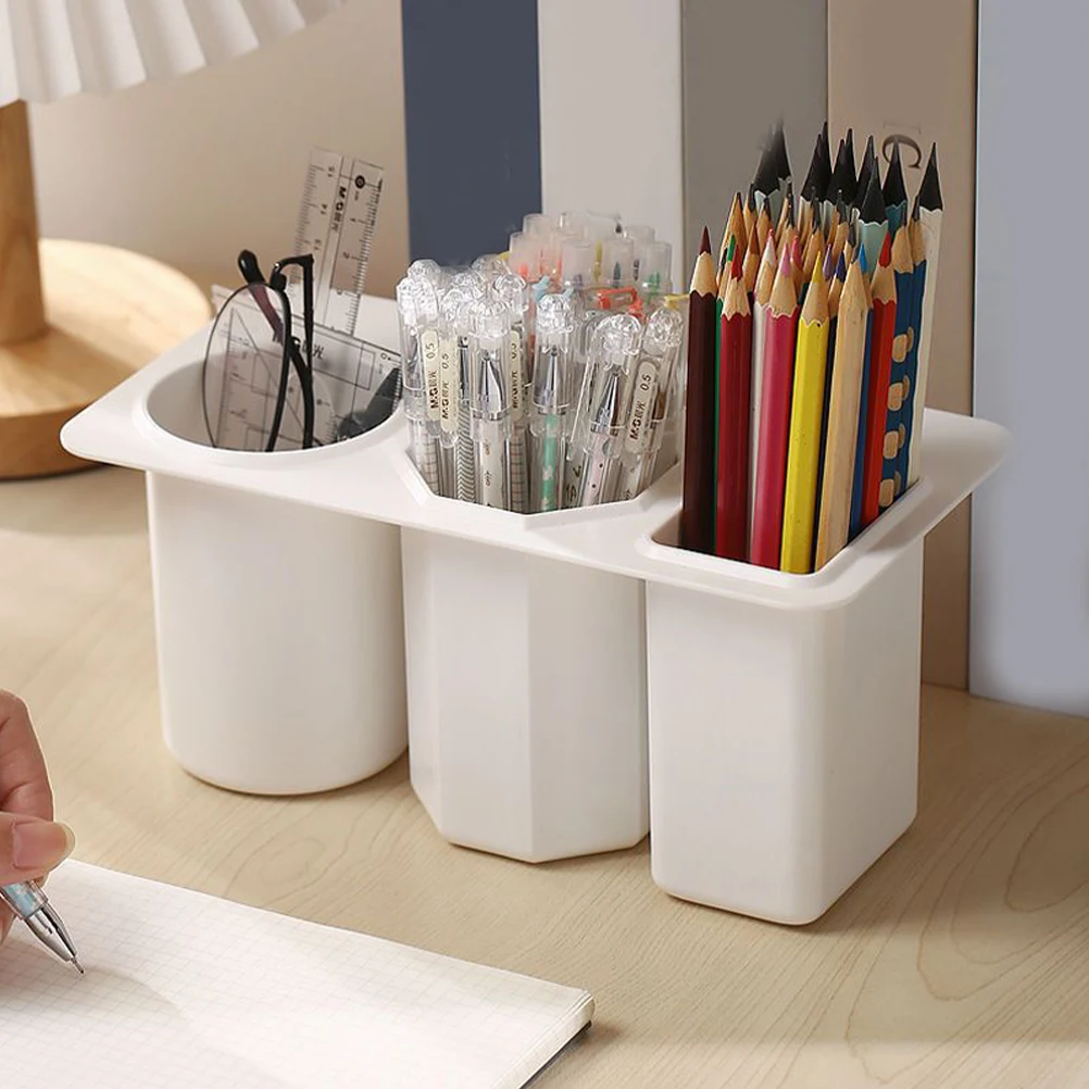 

Desk Side Storage Box White 3 Compartment Pen Holder Desktop ganizer Pencil Case Container Office Supplies Plastic Storage