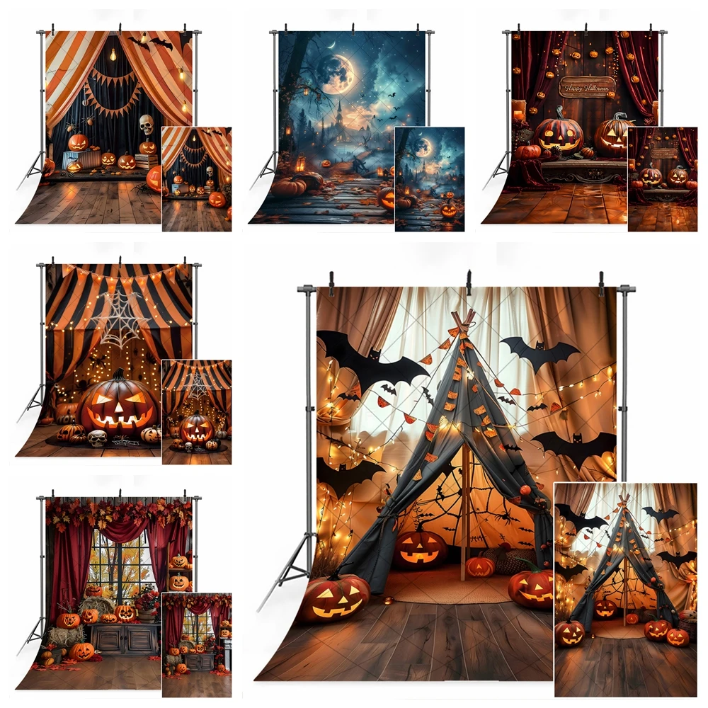 

Halloween Horror Castle Poster Outdoor Background Bat Spider Web Pumpkin Lantern With Curtain Home Custom Photography Props