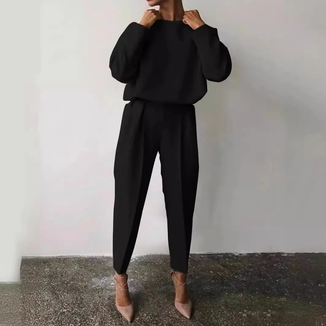 Autumn And Winter Elegant Womens Solid Color Sets Casual O Neck Pullover Tops And Long PantsLadies Fashion Loose Outfits