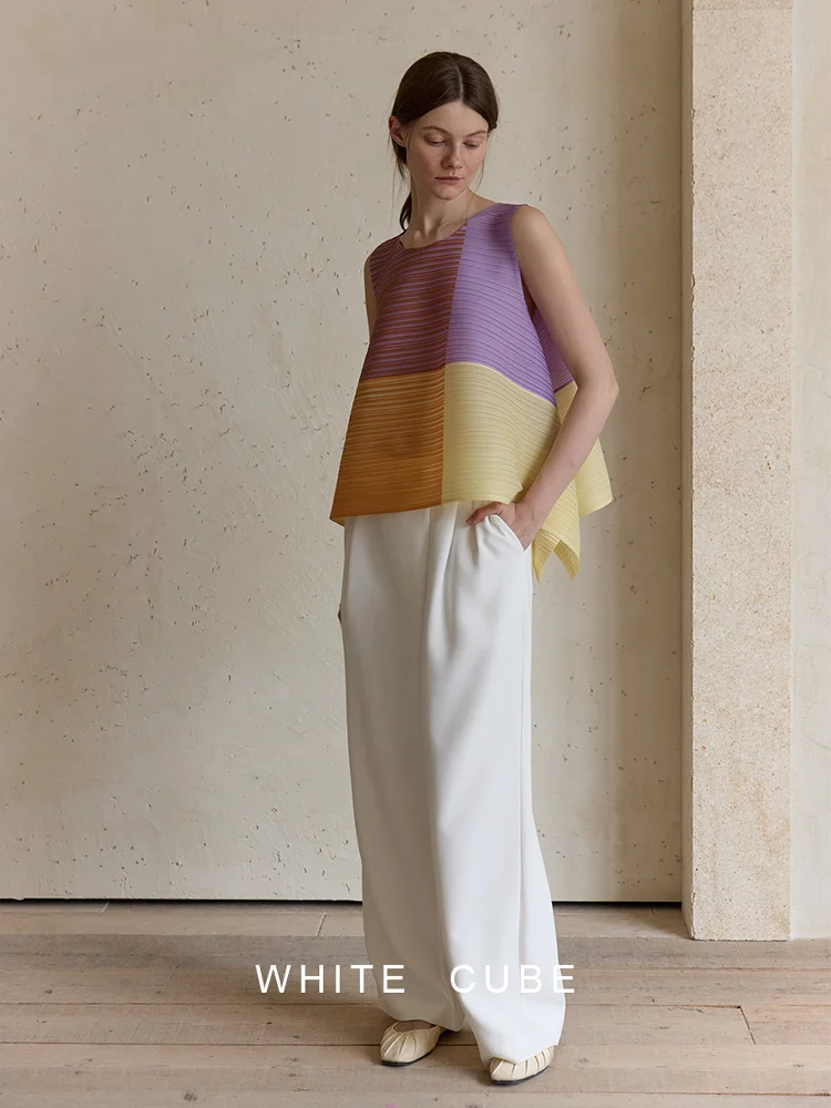 

Miyake Style Patterned Colorful Pleated Round Neck Vest Irregular T-shirt Sleeveless Top Women 2025 Summer New Top