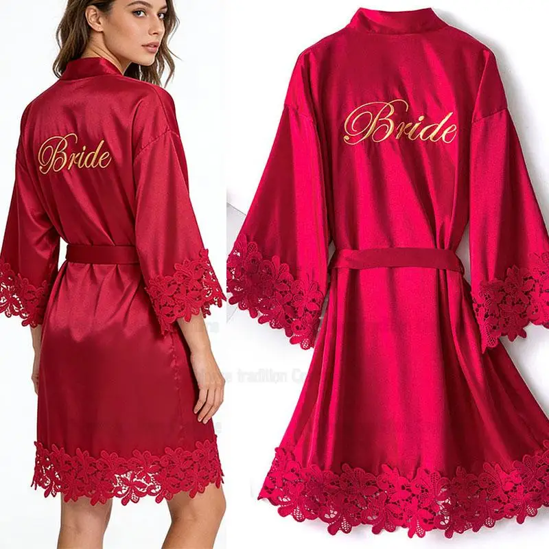 

Satin Robe Lace Hem Sleeve Kimono Gown Women Bride Bridesmaid Wedding Dress Short Vestidos Sexy Summer Spring New Loungewear