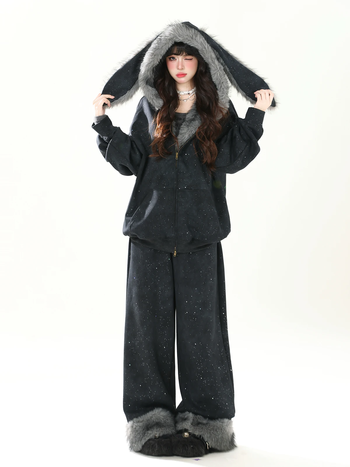 

Комплект ENJOG Plu: Худи с кроличьими ушками и брюки на флисовой подкладке для женщин, свободный крой, осенне-зимний, теплый, повседневный, для полного согревания тела