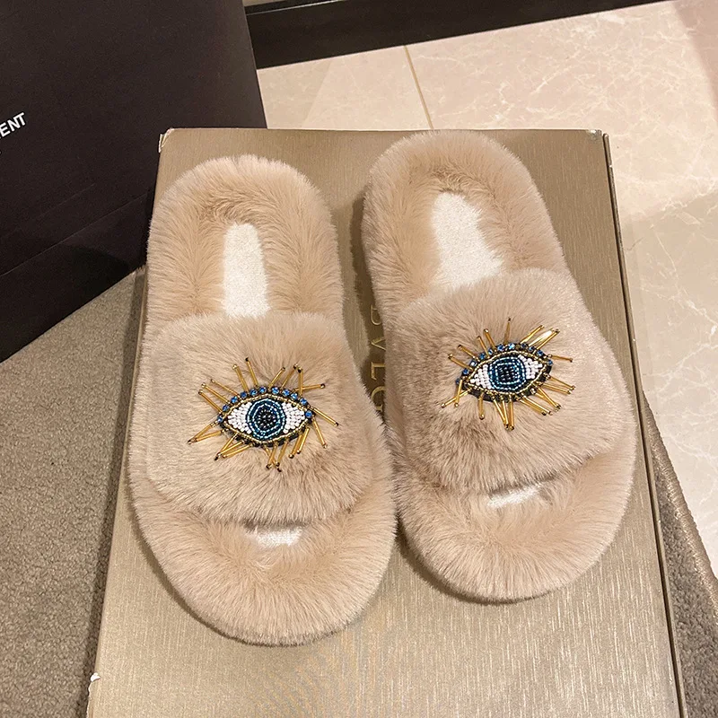 Women Winter Fashion Soft Warm New Comfort Flat Fur Slipper Outside Fluffy Slippers Indoor Soft Plush Shoe Women luxury Slippers