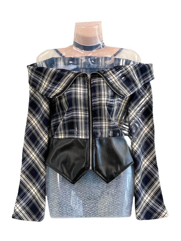 Slimming PU Leather Plaid Collar Zipper Fem Jaet Street Sle Faionable Outerwear Long Sve Regular Fit Young Women