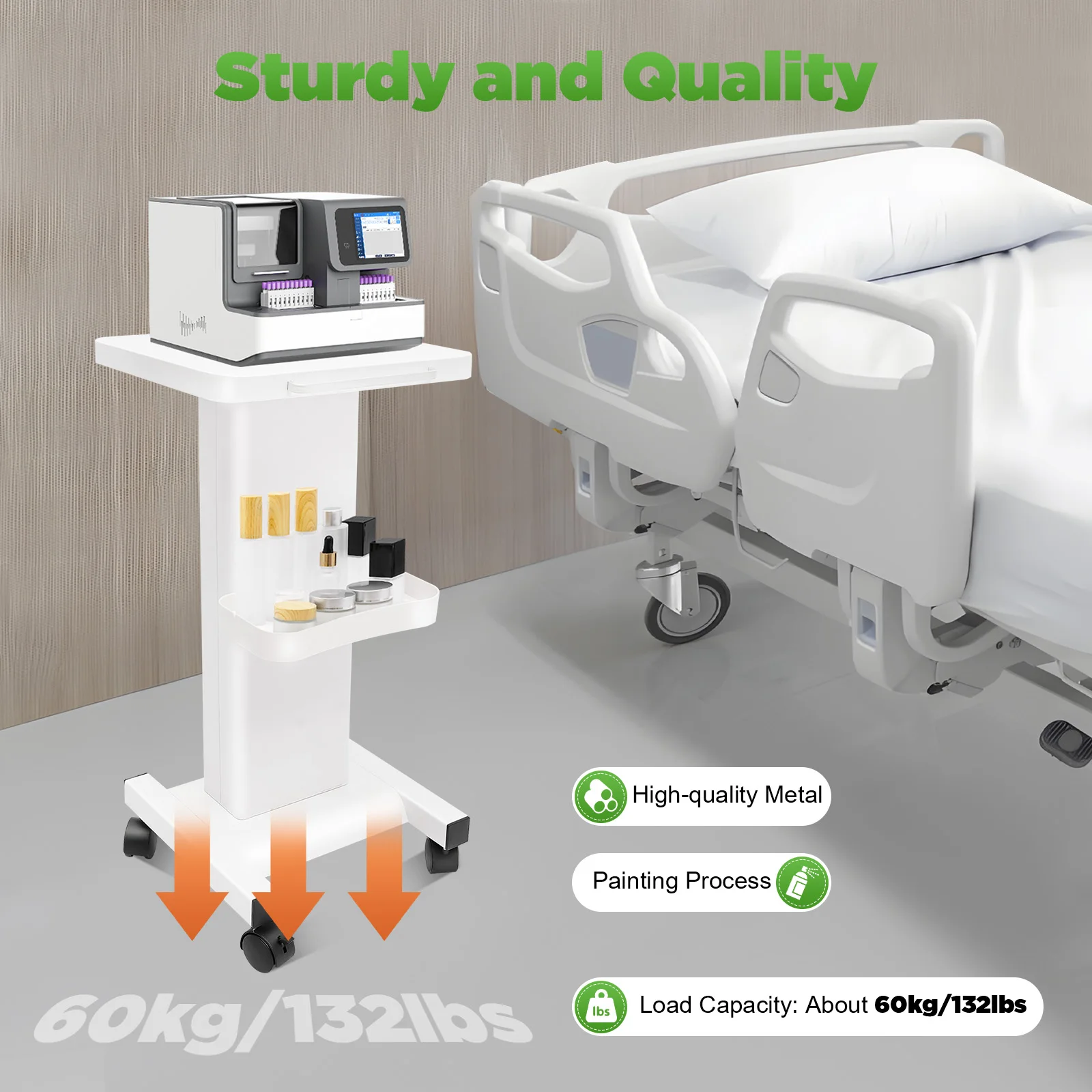 Beauty Instrument Trolley on Wheels with Brakes, 132lbs Load Rolling Utility Trolley for Salon Spa Clinic Hospital