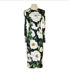 Designer Inspired 2025 Runway Fashion Women Roses Print Long Sleeve Silk Midi Dress High Quality Italian Spring Dresses