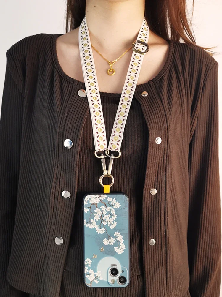 Vintage Embroidery Crossbody Neck Strap Mobile Phone Lanyard Adjustable Anti-lost Universal Cell Phone Case Chain Rope Pendant