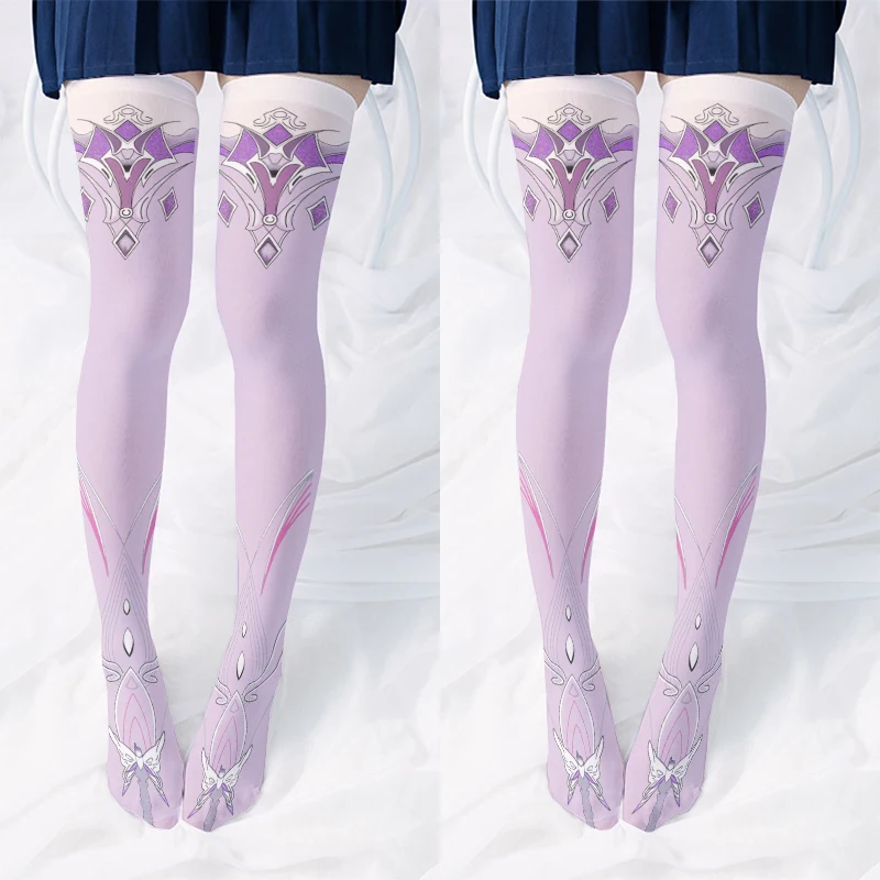 Cute Kawaii pink purple ladies printed stockings fashion Harajuku thigh socks two-dimensional anime style small dance cosplay
