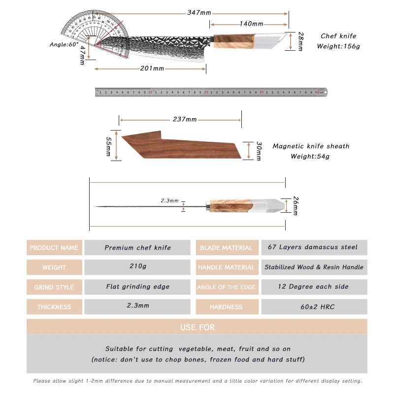 Grandsharp 8 Inch Kitchen Chef Knives 67 Layers AUS-10 Damascus Steel Best Cooking Cutting Tools Stabilized Wood & Resin Handle