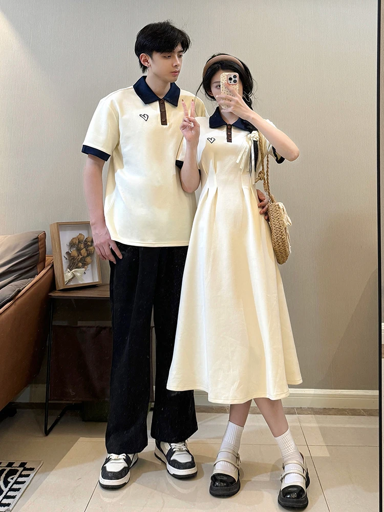 Camiseta  de Manga Curta para Casal, Vestido Longo com Design de Cintura Ajustada, Moda Casual de Verão para Homens e Mul...
