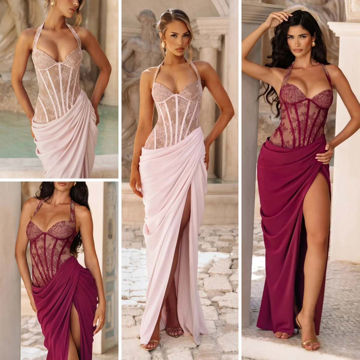 Sexy Sleeveless Halter Dress Lace Stitching Floral Pattern Design Fishbone Slim Elegant Side Slit Dress Long Skirt.