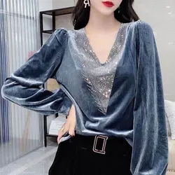 Elegant Sexy V-Neck T-shirt Stylish Diamonds Women's Clothing Solid Color Spring Autumn Casual Pleuche Long Sleeve Pullovers New