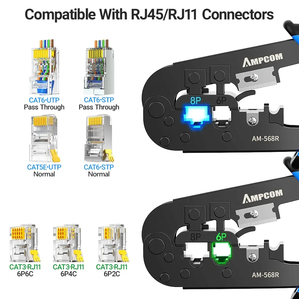 AMPCOM คีม RJ11หางปลา RJ45, เครื่องมือย้ำ RJ45สายเคเบิลเครือข่ายอีเทอร์เน็ตคีมตัดคีมสำหรับ6P 8P RJ11 RJ12 RJ45