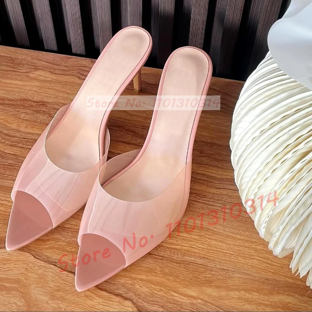 Semi-sheer PVC Pointy Slippers Women Elegant Open Toe High Heels Beige Smooth Clear Shoes Summer Ladies Wedding Party Slippers