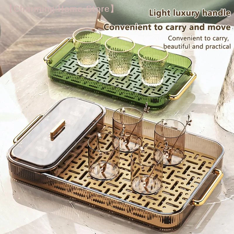 【M】ECO Double-Layer Transparent Tea Tray Cup Drying Rack With Multi-Purpose Storage Box For Tea And Coffee Featuring Handle