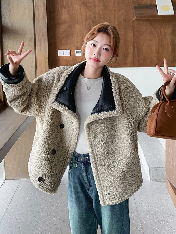 Ladies Thiened Double-Sided Wear Lamb Fur Coat Warm Commute Sle Stand Version Long Sve Button Closure No Hat