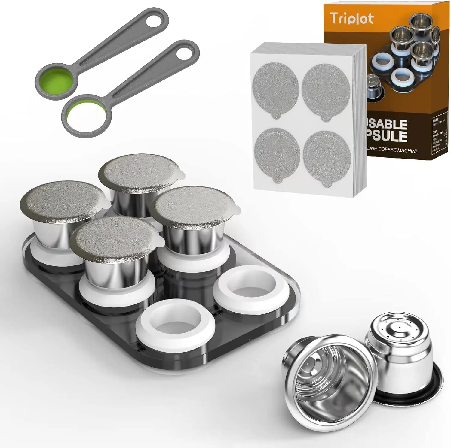 

Reusable Stainless Steel Coffee Capsules for Nespresso OriginalLine, 6 Pods with Lids and Storage Board