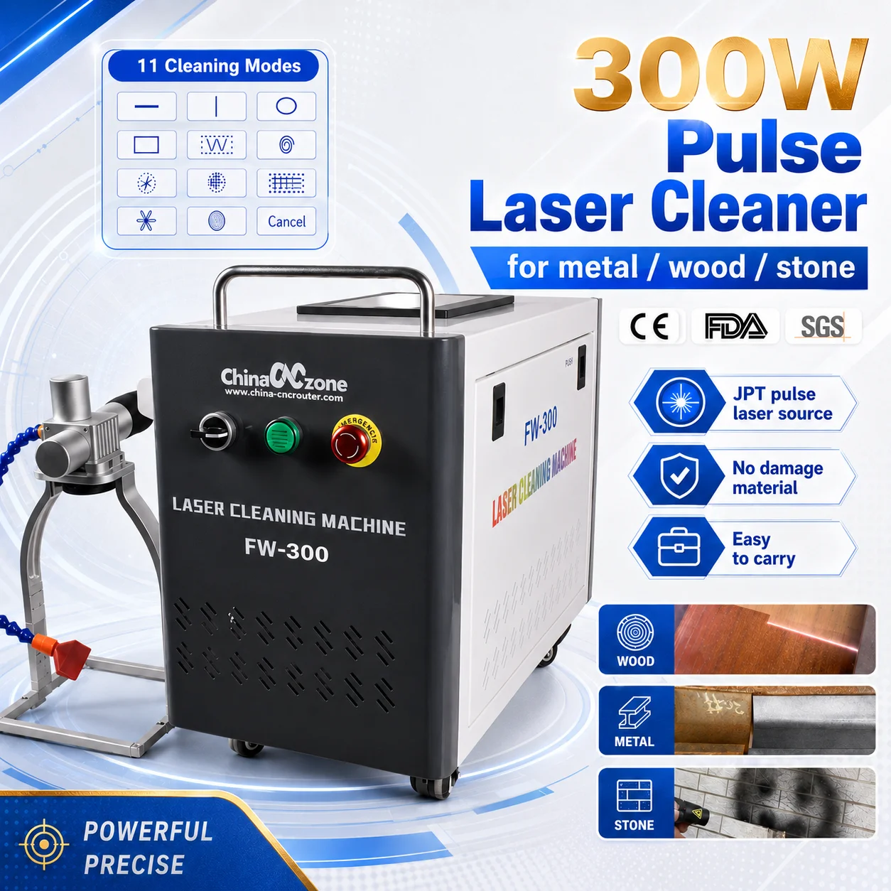 JPT Mopa 300W Pulsed Laser Cleaning Machine Portable Laser Cleaner No Damage Material for Metal Wood Rust Oil Paint Removal