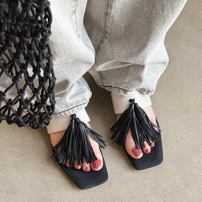 MKKHOU Fashion Women's Shoes New High Quality Genuine Leather Tassel Square Head Low Heel Sandals Women Summer Open Shoes