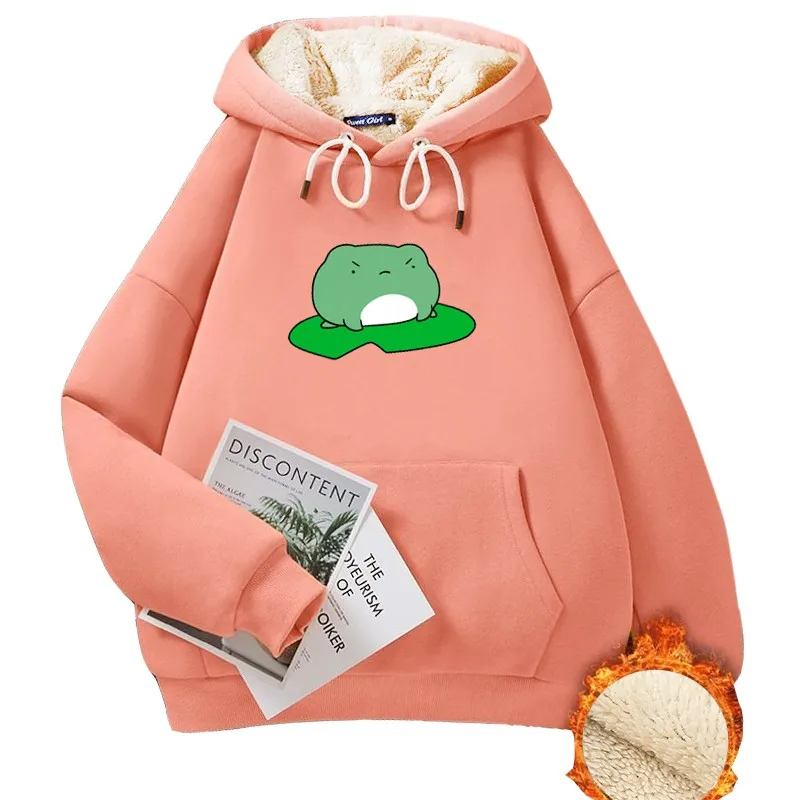 

Cotton Sweatshirt Women Kawaii Anime Lotus Frog Harajuku Plush Thicken Loose Autumn Winter Y2k Clothes Hoodies Jacket Top Orange