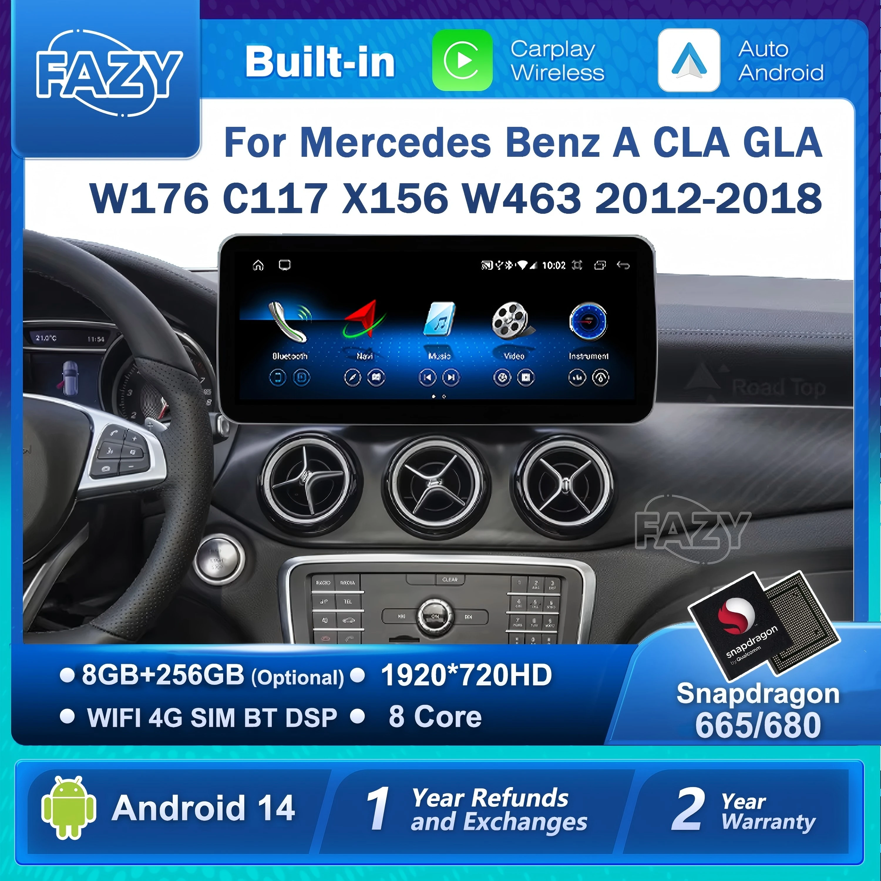 Radio para Auto con Android 14, Carplay y Android Auto para Mercedes Benz A CLA GLA W176 C117 X156 W463, Sistemas Inteligentes para Auto, WIFI, GPS, Navegación
