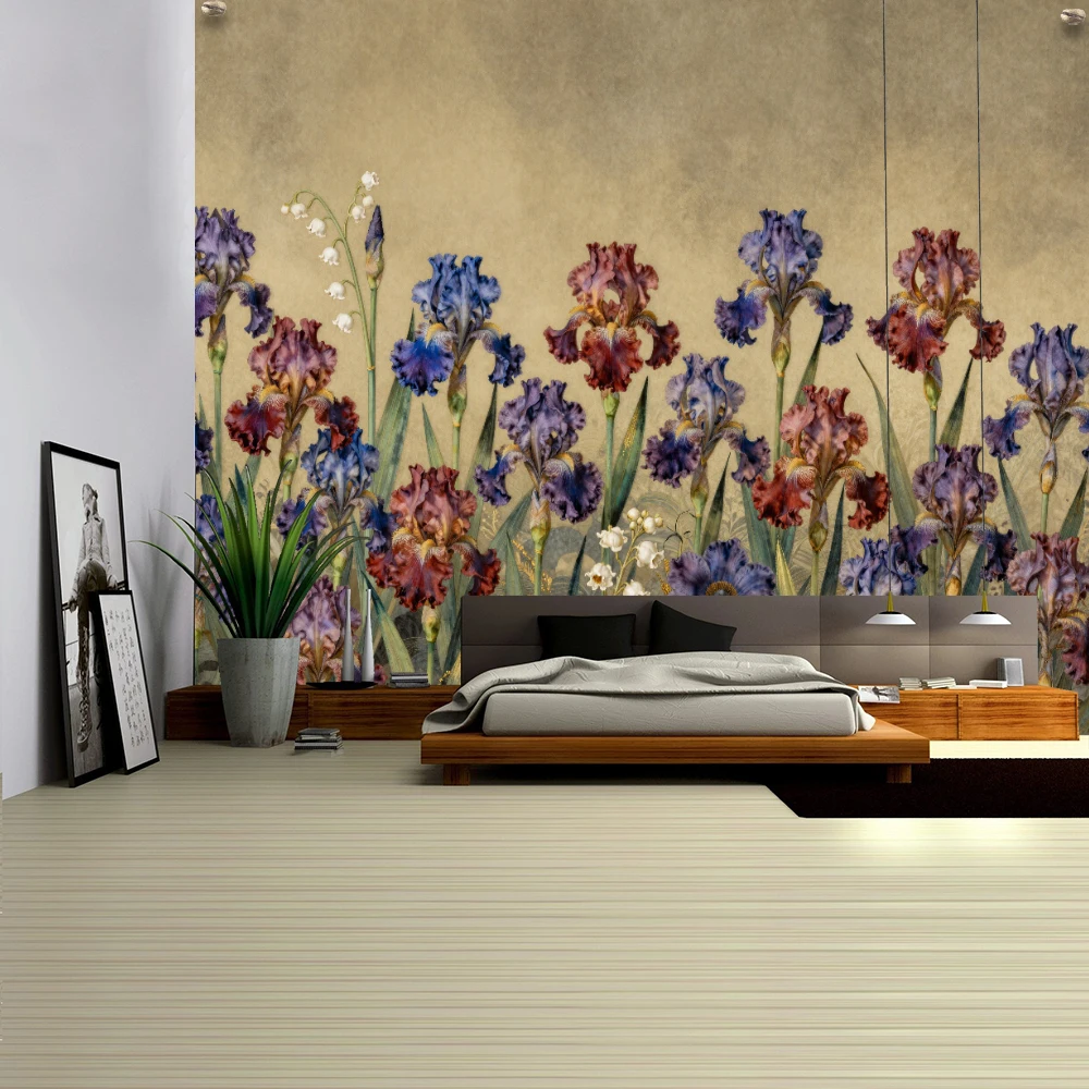 Brown Background Iris European Style Tapestry Wall Hanging Minimalist Style Bedroom Living Room Home Decor