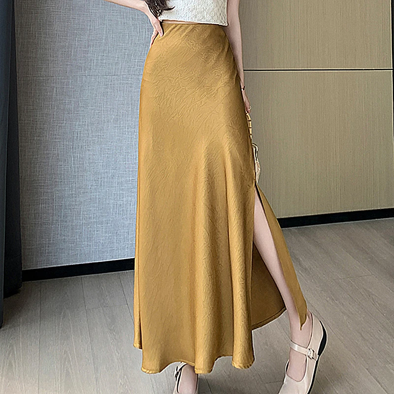 

Seoulish Vintage Satin Women's Long Skirts 2024 New Fashion Split High Waist Solid Color Casual A-Line Women's Skirts Female