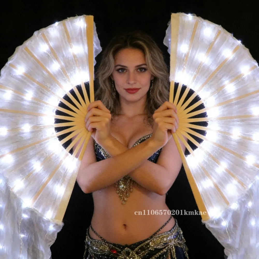 Abanicos de Danza con Luces LED y Tela de Seda Arcoíris, Abanicos de Velo Brillante para Danza del Vientre, Actuaciones y Festivales