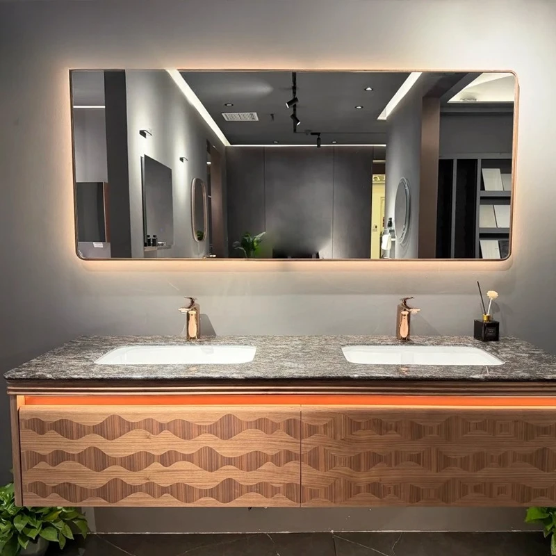 

Wind light luxury design solid wood bathroom cabinet combination natural marble countertop bathroom high sense