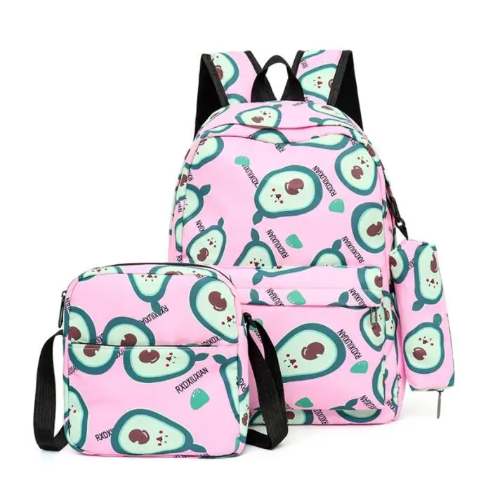 New Unisex Students School Bag Three-Piece Set Avocado Nylon Backpack Rucksack Harajuku Junior And High School Students Mochila