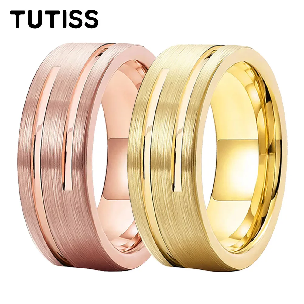 Mens Womens 8mm Tungsten Carbide Ring Flat Brushed Finish Double Grooved Polished Center Wedding Band Comfort Fit Promise Ring