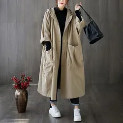 Oversized Spring And Autumn Trench Coat Women's New Korean Loose Versatile Hooded Windbreaker Women's Long Coat B Pocket Jacket