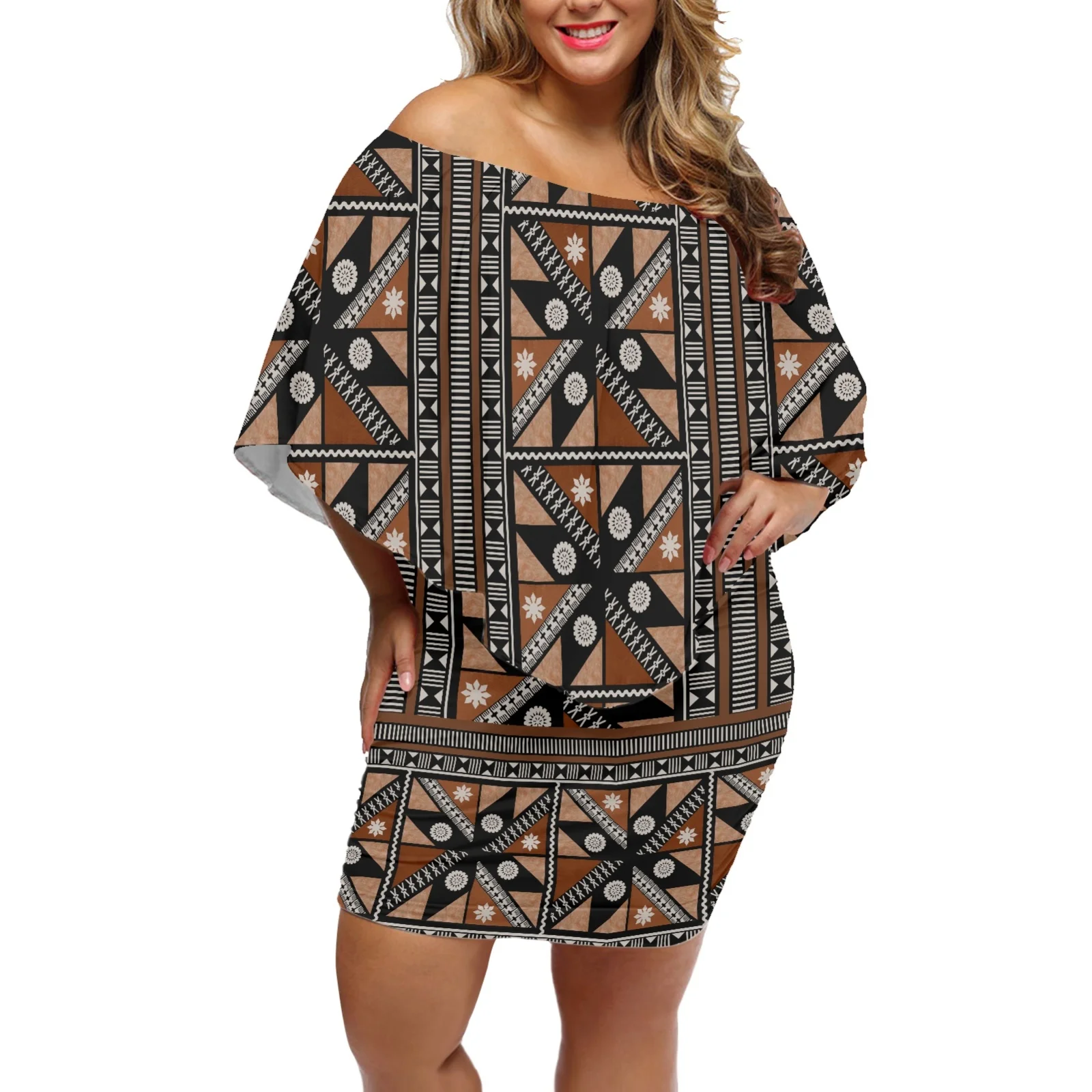 Summer Samoa Hawaii Tribes Women Party Dress Polynesian Tattoo Print Off Shoulder Bat Sleeves Bodycon Buttocks Dresses