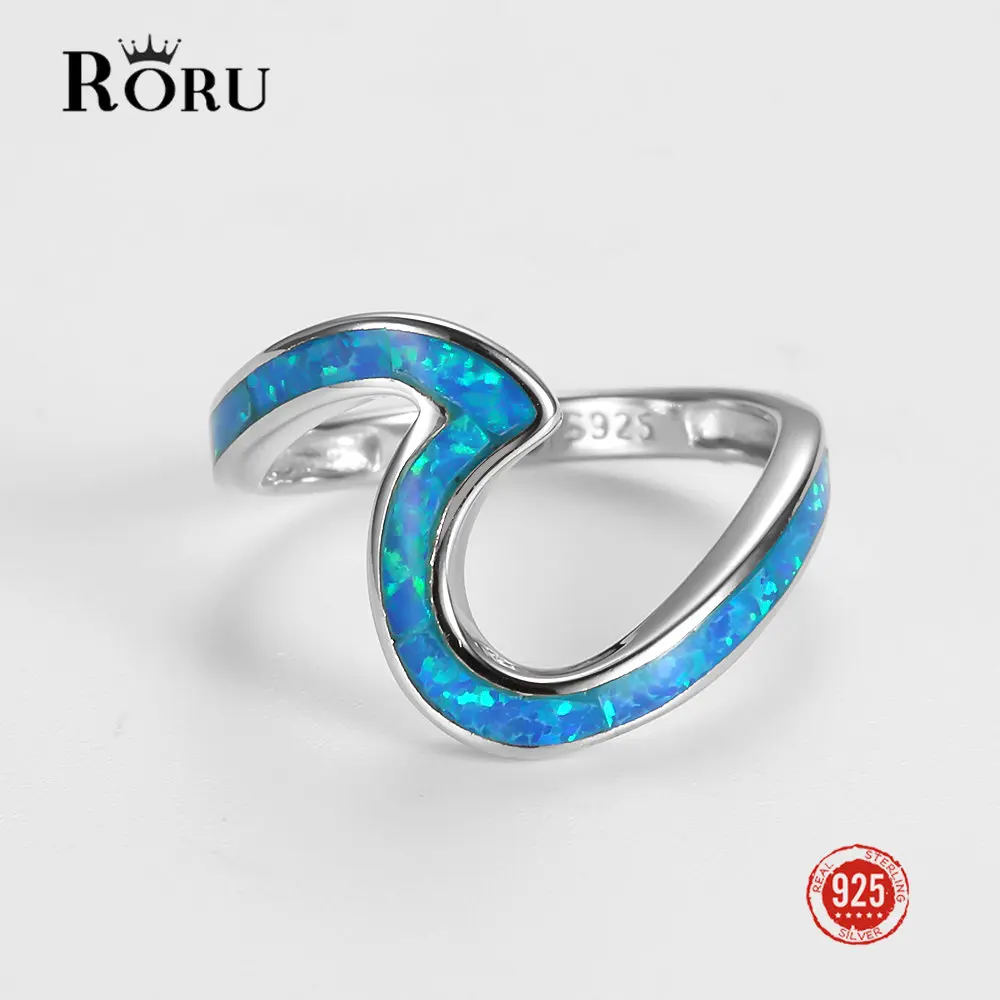 925 Sterling Silver Rings Blue Opal Wave Shape for Women Special Vintage Engagement Finger Ring Female Ring Fine Jewelry