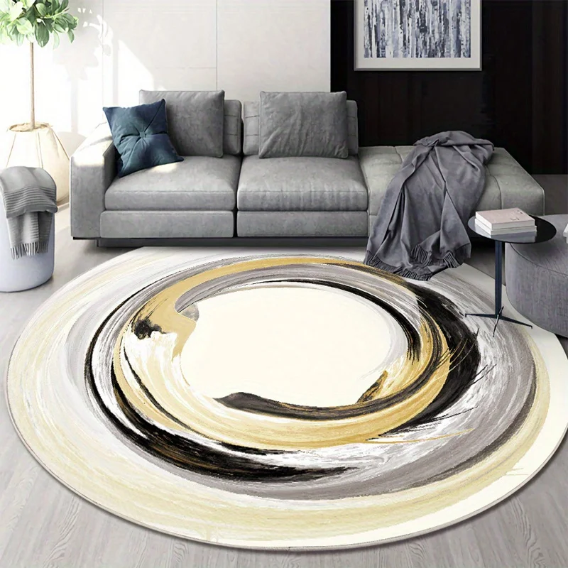 Elegant Fluid‑Art Home Round Floor Rug Grey‑Black‑Gold Swirl Graphic Carpet for Studio Living Space Furnishing