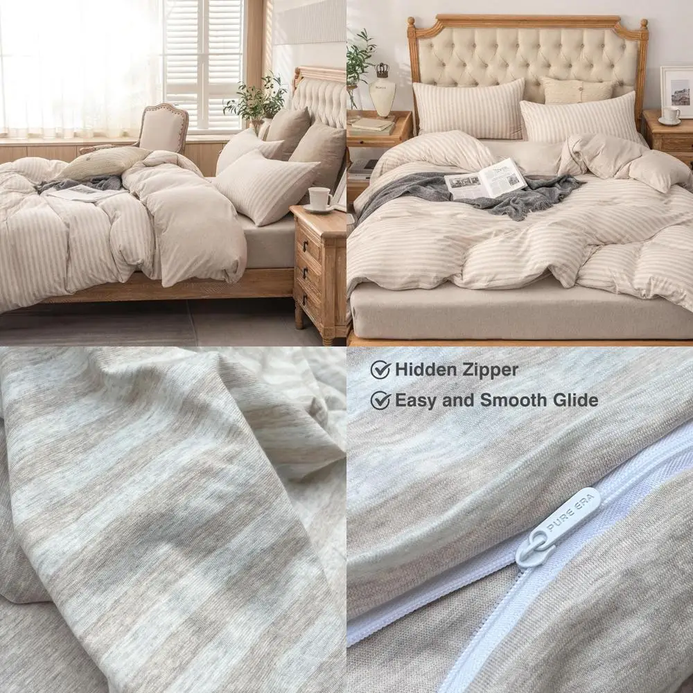 

100% Cotton Jersey Knit Duvet Cover Set - Soft, Comfortable, Classic Striped Design with Zipper Closure, King Size