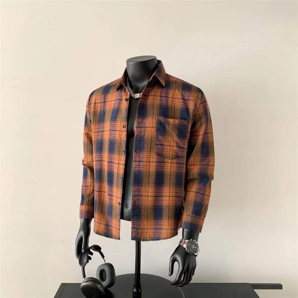 

Retro Japanese Style Men's Long Sleeve Plaid Shirt Casual Thin Loose Fit Spring Autumn Fashion Brand Polyester Fiber Shirt