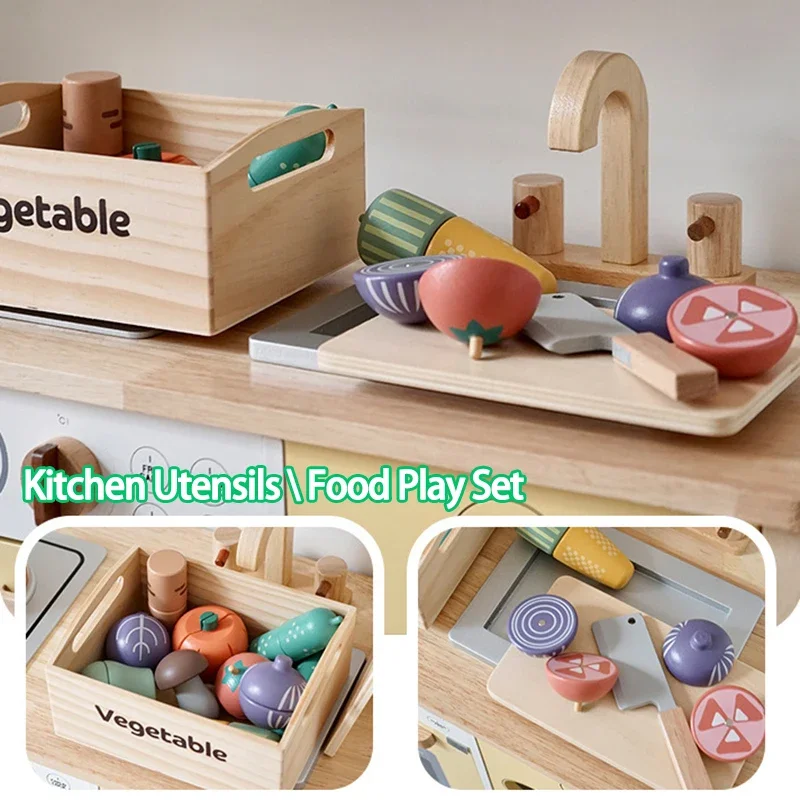 Wooden Pretend Play Kitchen Cutting Food Accessories Set Fruit Vegetable Bakery Meat fish Early Educational Cognition Toys