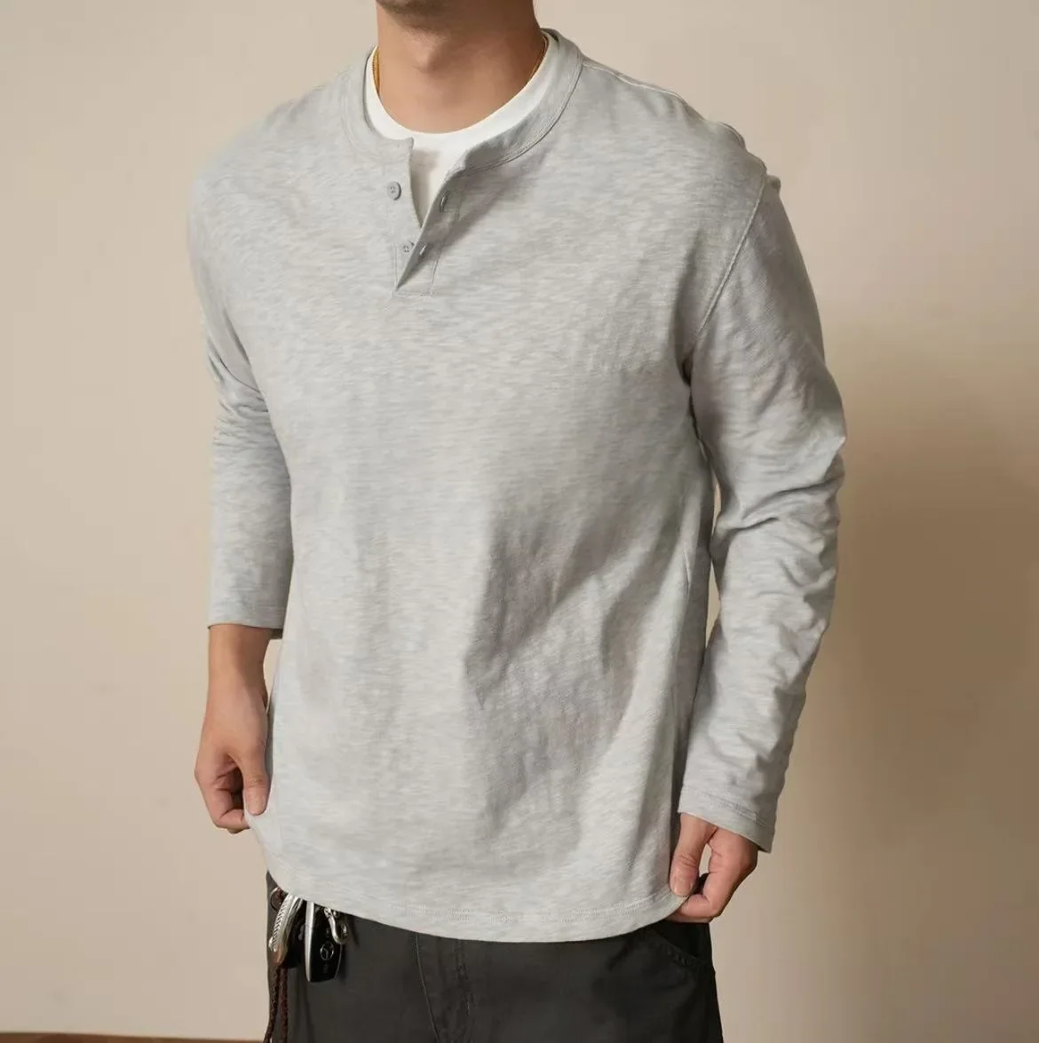 American Tough Guy Old Money Henry Collar Bamboo Cotton Fake Two Long-sleeved T-shirt Solid Color