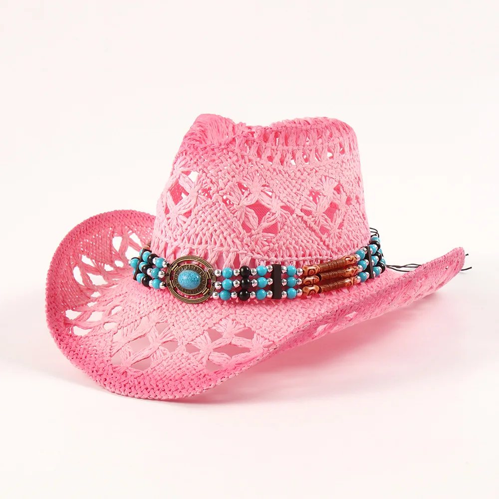 Fashion Gradient Spray Painted Pink Straw Cowboy Hat Hollow Out Sun Cap Unisex