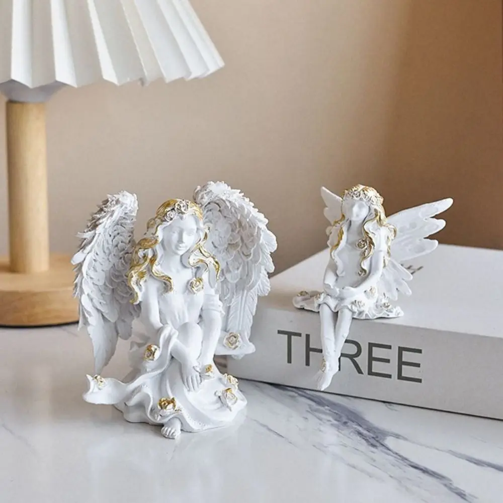 Cartoon Guardian Angel Figurine Light Luxury Handmade Resin Angel Statue Cute Flower Fairy Candle Ornaments Decorative Props