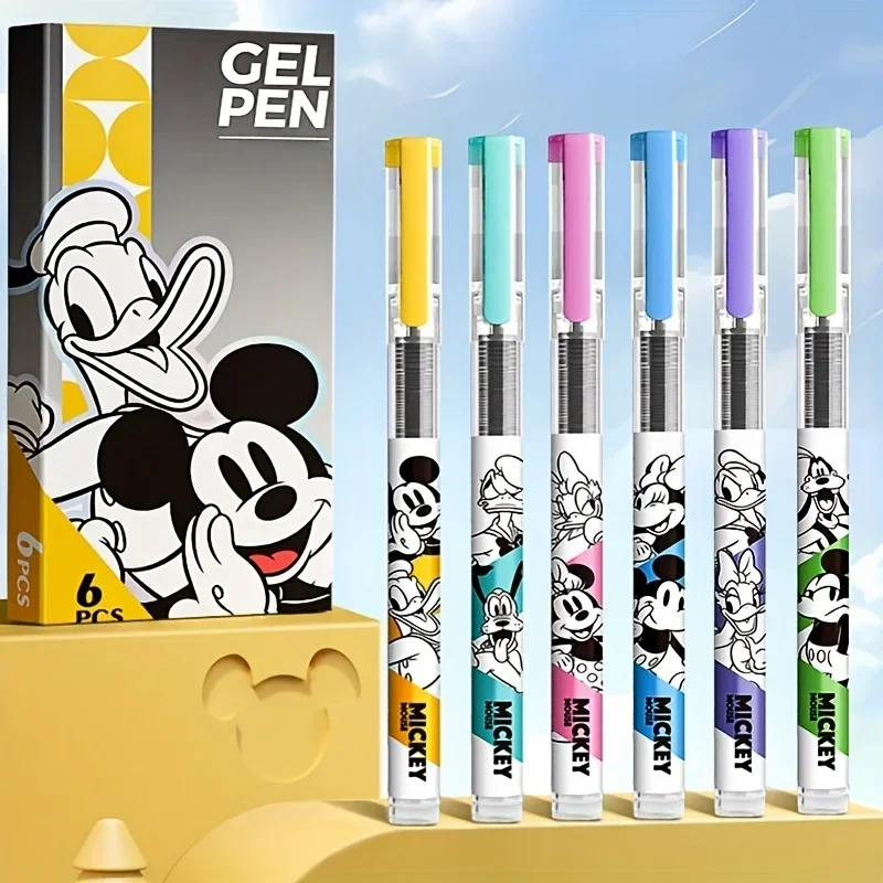 6pcs Disney Mickey, Minnie And Friends Retractable Neutral Pen, 0.5Mm Tip, Suitable for Office Use, Creative Learning Stationery
