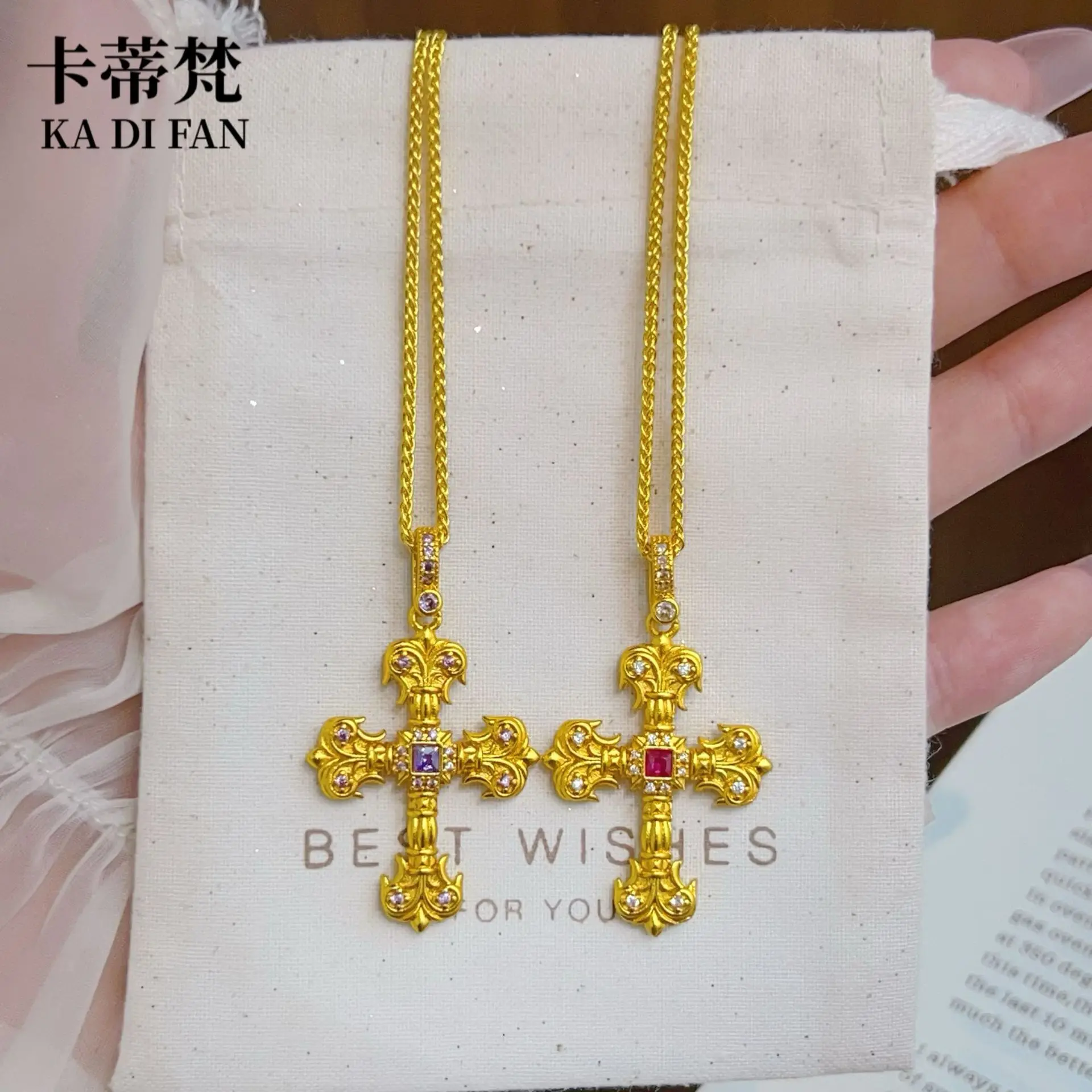 Ancient luxury real gold jewelry 24k certifid point diamond Crow heart flame cross pendant 9999Pure gold trend jewelry