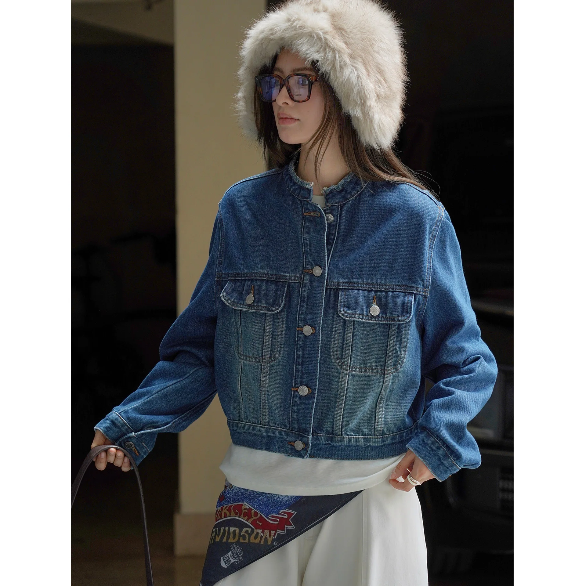 

Autumn Gradient Multi-pocket Denim Jacket Stand Collar Short Coat For Women