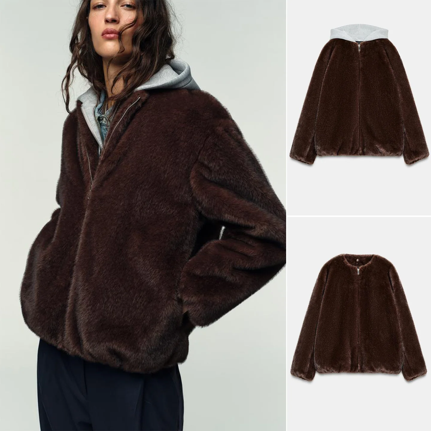 

Женское зимнее модное лоскутное пальто с капюшоном из искусственного меха с эффектом пилота, длинное пальто из полиэфирного волокна, застежка-молния, обычное...