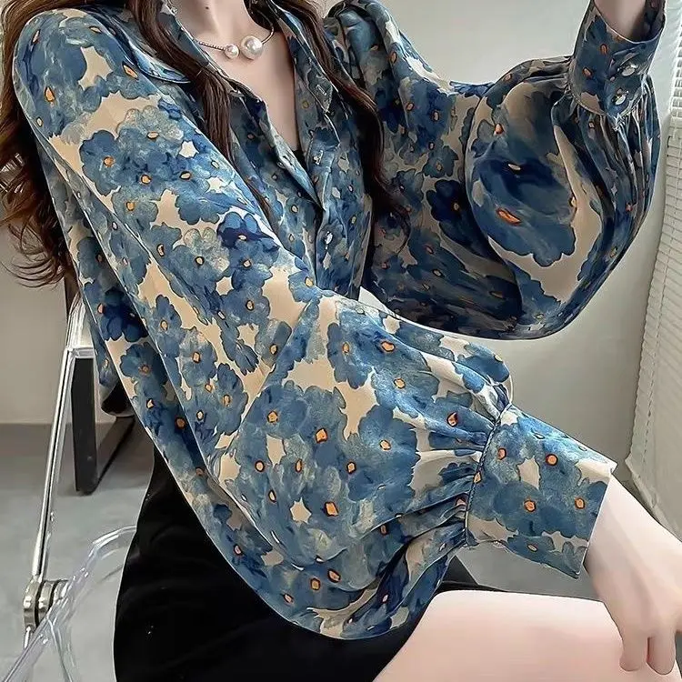

Spring 2026 Fashion Floral Print Chiffon Shirt Lantern Sleeve Slimming Design Korean Style Commute Wind Women's Shirt