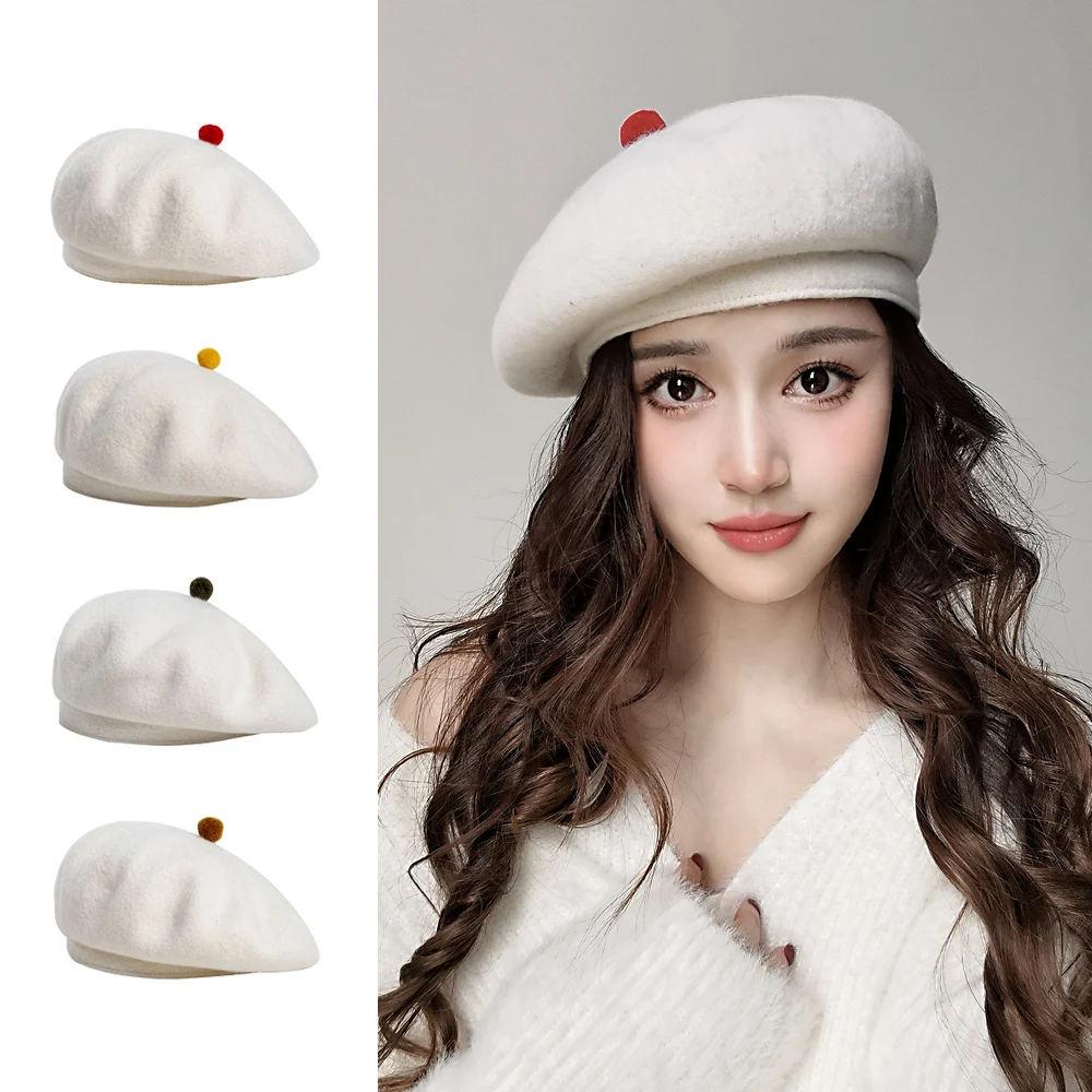 

Wool beret with sweatband and lovely ball women fashion beret warm knitted beret