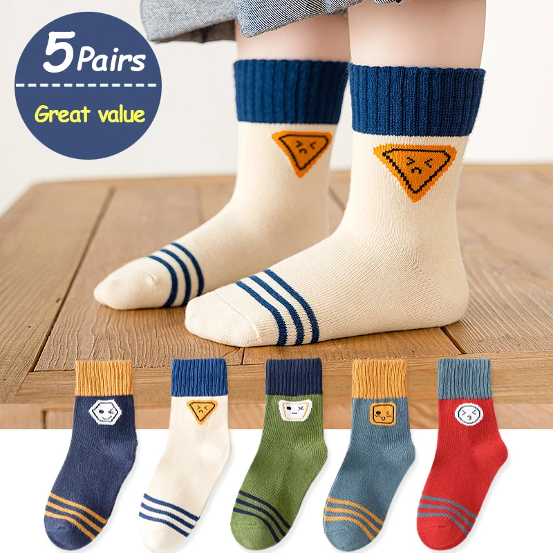 

5Pairs 1-16Years Children Socks Cute Expression Anti-pilling Breathable Cotton Athletic Socks Boutique Kids Clothing Outerwear